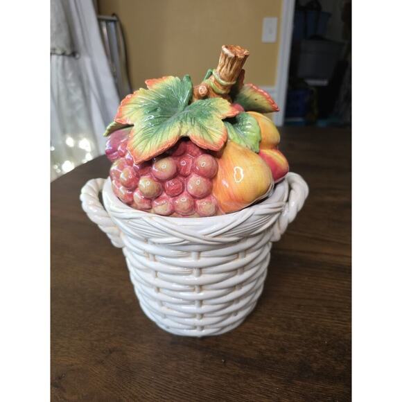 Fitz & Floyd Basket Weave Cookie Jar / Canister - Apple Pear Grape Peach 11 X 9 - Picture 6 of 16